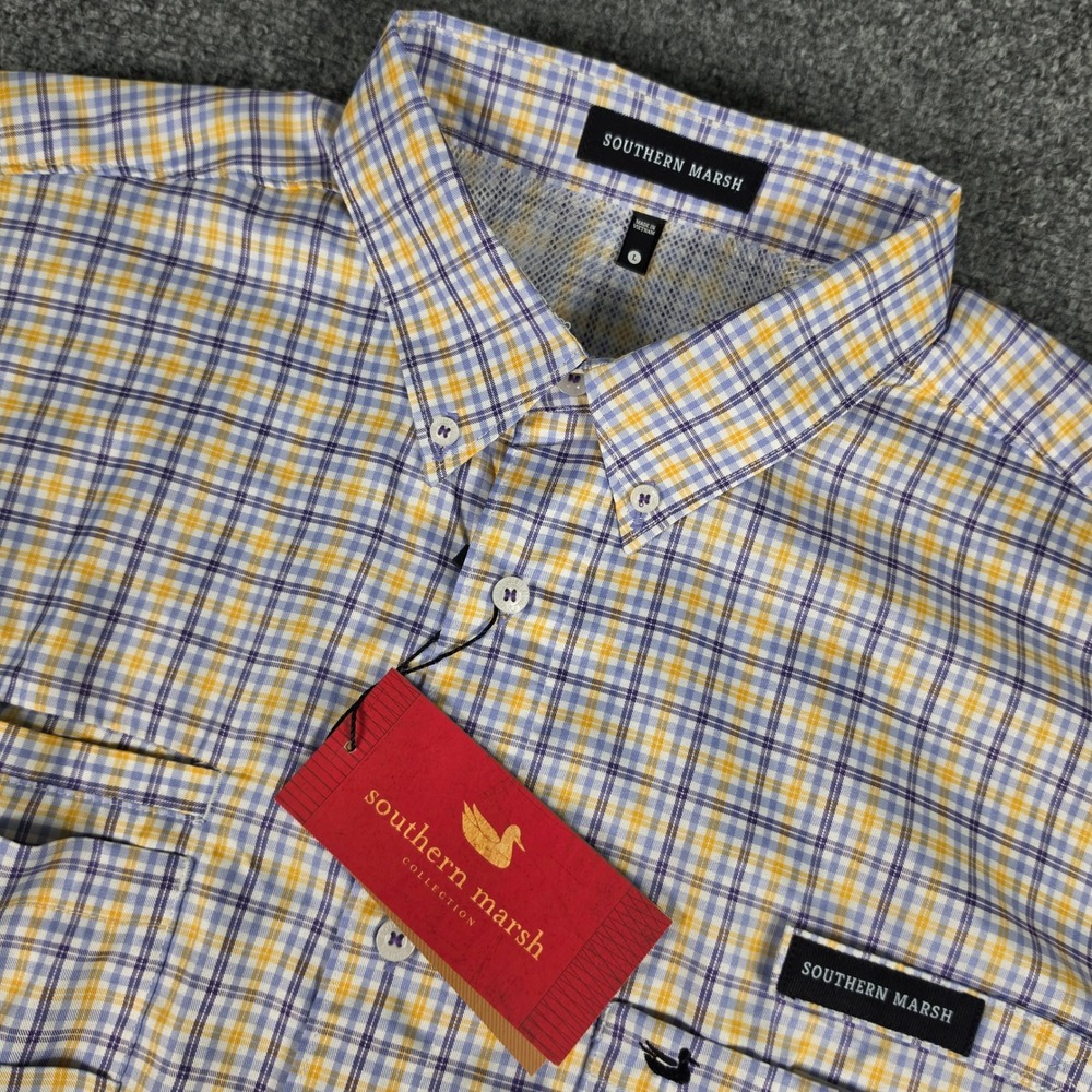 Southern Marsh Harbor Cay Shirt Shirt Mens L Purple Yellow Grid Fishing NWT
